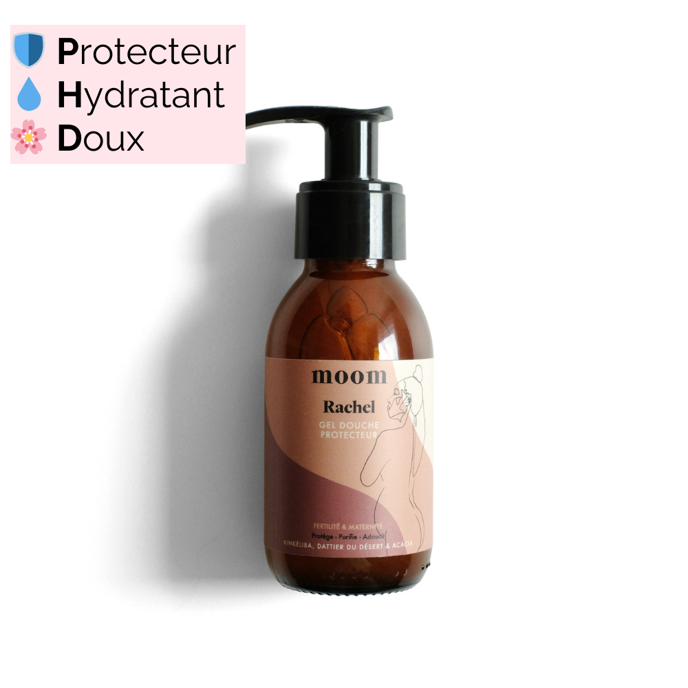 Flacon du Gel Douche avec les mots "Protecteur", "Hydratant", "Doux" en surimpression.