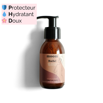 Flacon du Gel Douche avec les mots "Protecteur", "Hydratant", "Doux" en surimpression.