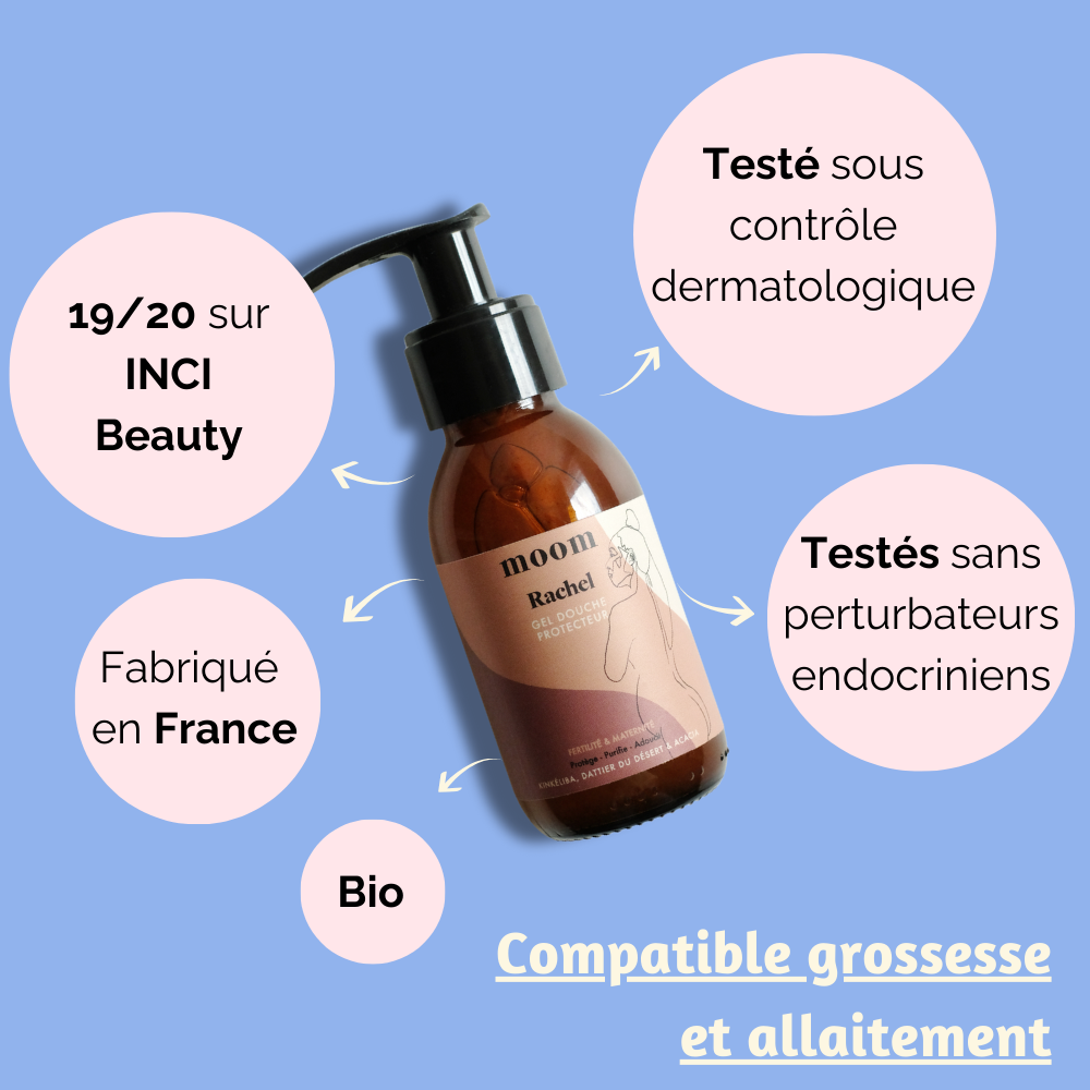 Flacon du Gel Douche avec des mentions sur ses tests dermatologiques et sa fabrication en France.