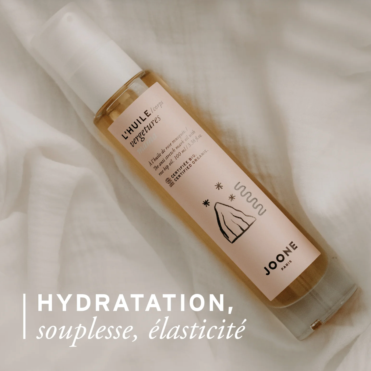 3️⃣ Geste d’application “hydratation”

Application huile vergetures Joone, texture hydratante pour peau souple et élastique
