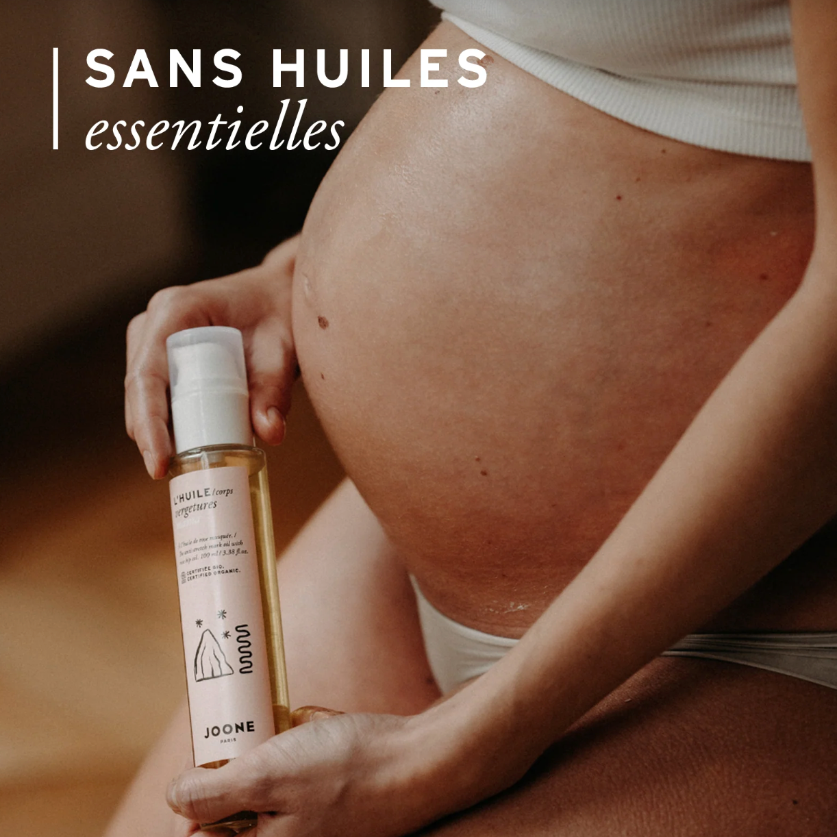 2️⃣ Zoom flacon “sans huiles essentielles”

Huile vergetures Joone, sans huiles essentielles, certifiée bio, compatible grossesse et allaitement