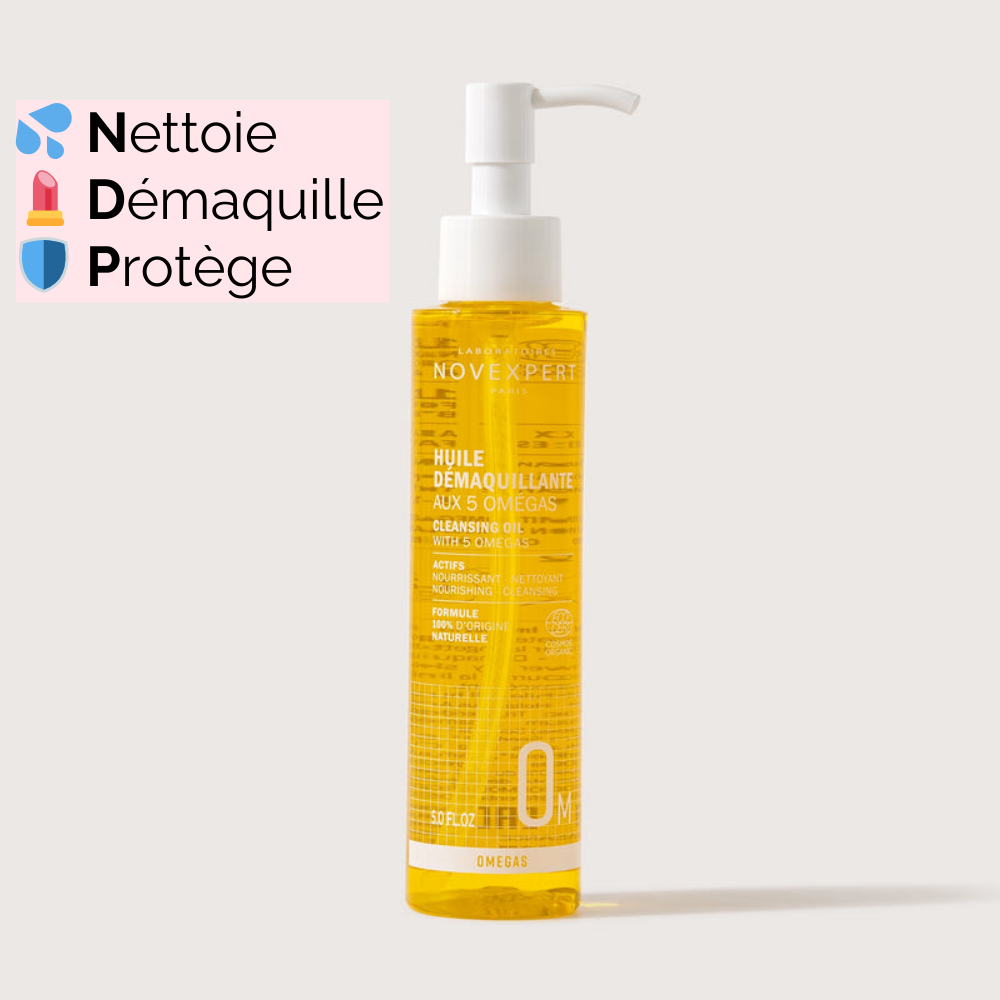 Huile démaquillante aux 5 Omégas avec texte Nettoi, Démaquille, Protège et des emojis associés