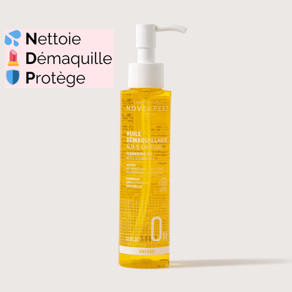 Huile démaquillante aux 5 Omégas avec texte Nettoi, Démaquille, Protège et des emojis associés