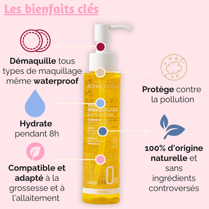 Les bienfaits clés de l'Huile Démaquillante aux 5 Omégas, démaquille waterproof, hydrate pendant 8h, protège contre la pollution