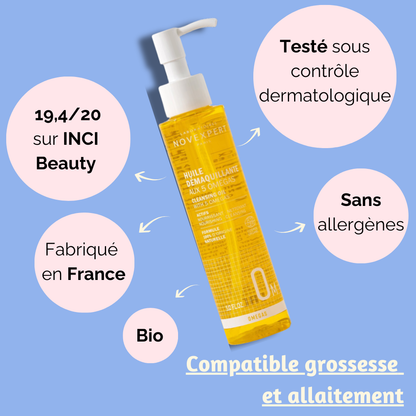 Huile Démaquillante aux 5 Omégas, compatible grossesse et allaitement, testé cliniquement et sans allergènes