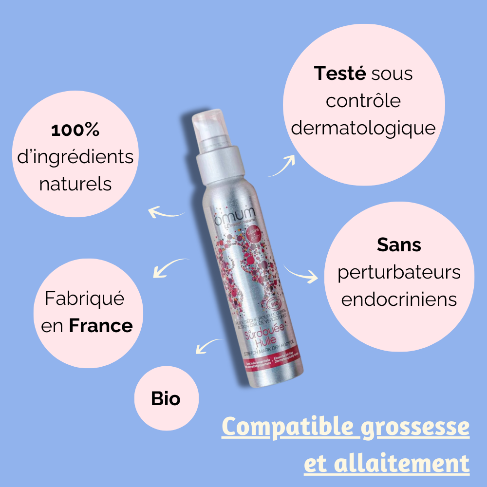 L'Huile Surdouée d'Omum : fabriquée en France, 100 % naturelle, testée dermatologiquement et sans perturbateurs endocriniens. Un soin hydratant et protecteur, parfait pour les femmes enceintes et allaitantes.