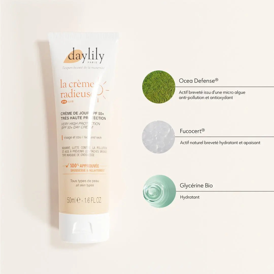 Crème Radieuse SPF50+ grossesse – filtres solaires organiques et actifs hydratants