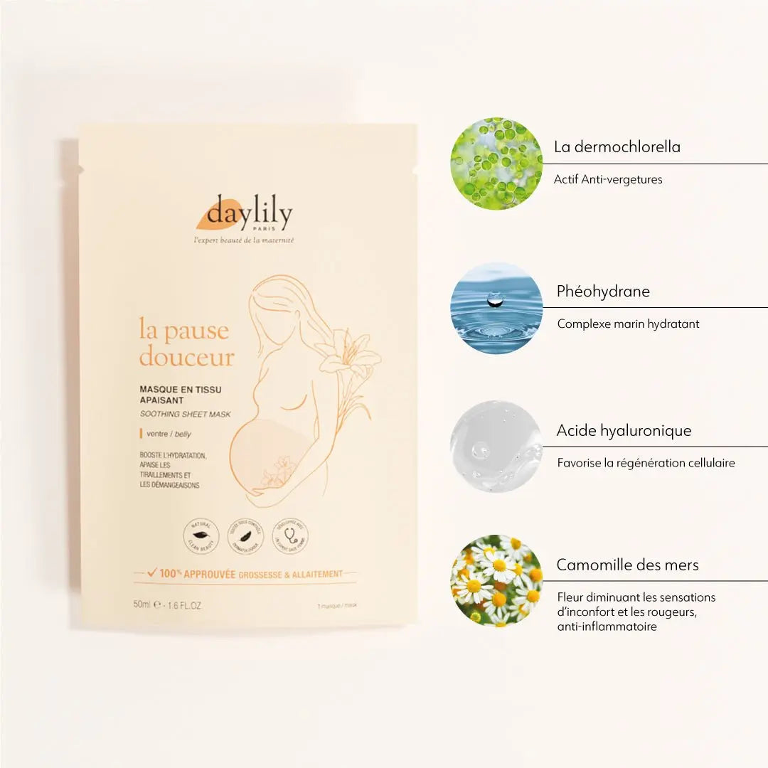 Masque grossesse ventre bio-cellulose enrichi en acide hyaluronique et huiles végétales bio – prévention vergetures