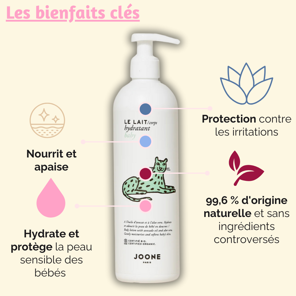 Les bienfaits du lait hydratant pour bébé de Joone, incluant hydratation intense, protection contre les irritations, et apaisement de la peau.