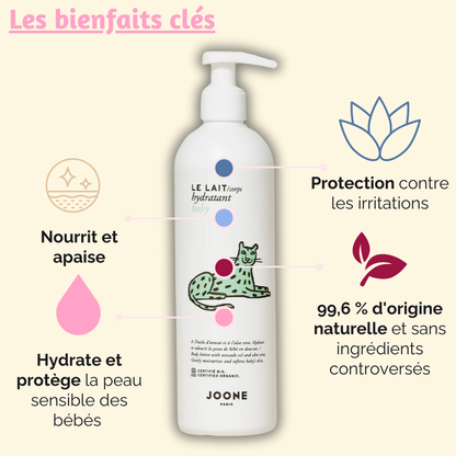 Les bienfaits du lait hydratant pour bébé de Joone, incluant hydratation intense, protection contre les irritations, et apaisement de la peau.