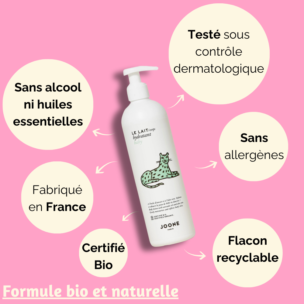 Caractéristiques du lait hydratant Joone pour bébé, comprenant un flacon recyclable, testé dermatologiquement et fabriqué en France.