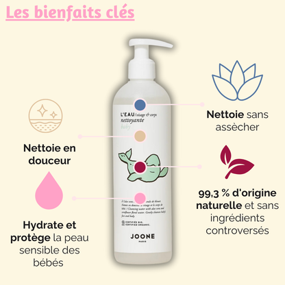 Eau Nettoyante Joone avec des illustrations mettant en avant ses bienfaits, comme l'hydratation et la douceur pour la peau de bébé.