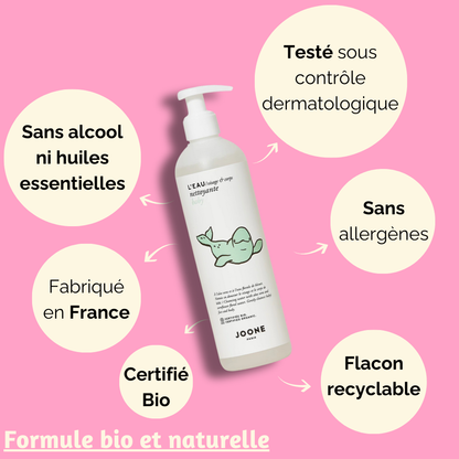 Détails sur l'Eau Nettoyante Joone, testée dermatologiquement et fabriquée en France, montrant son engagement envers des produits sans allergènes.