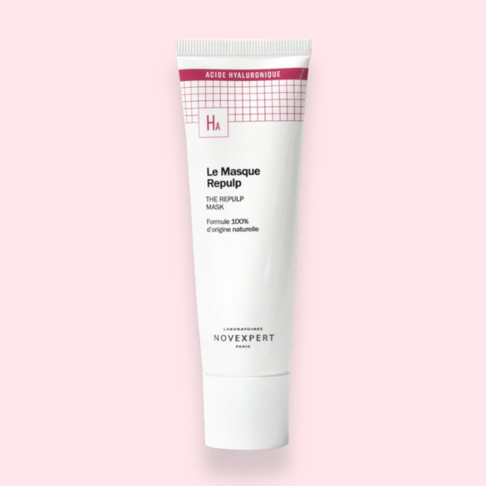 Tube de Masque Repulp Novexpert sur fond rose.