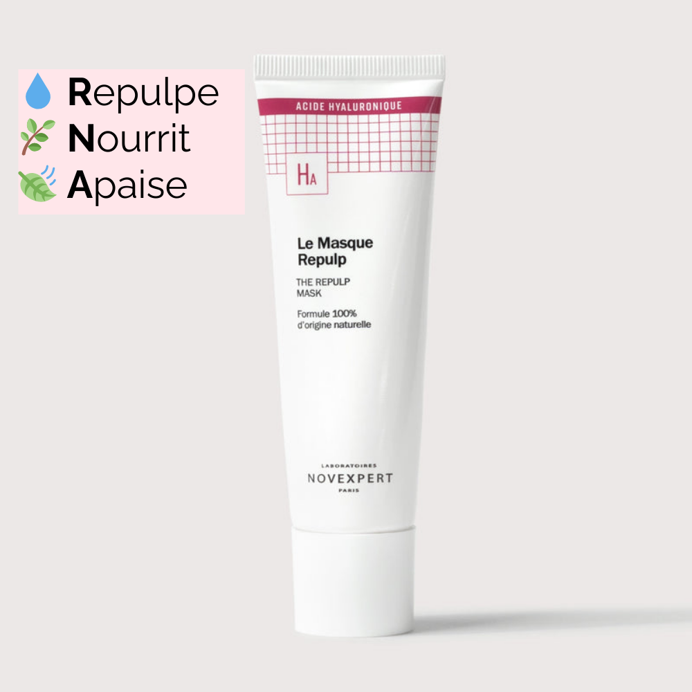 Tube de Masque Repulp avec les bienfaits clés : Repulpe, Nourrit, Apaise.
