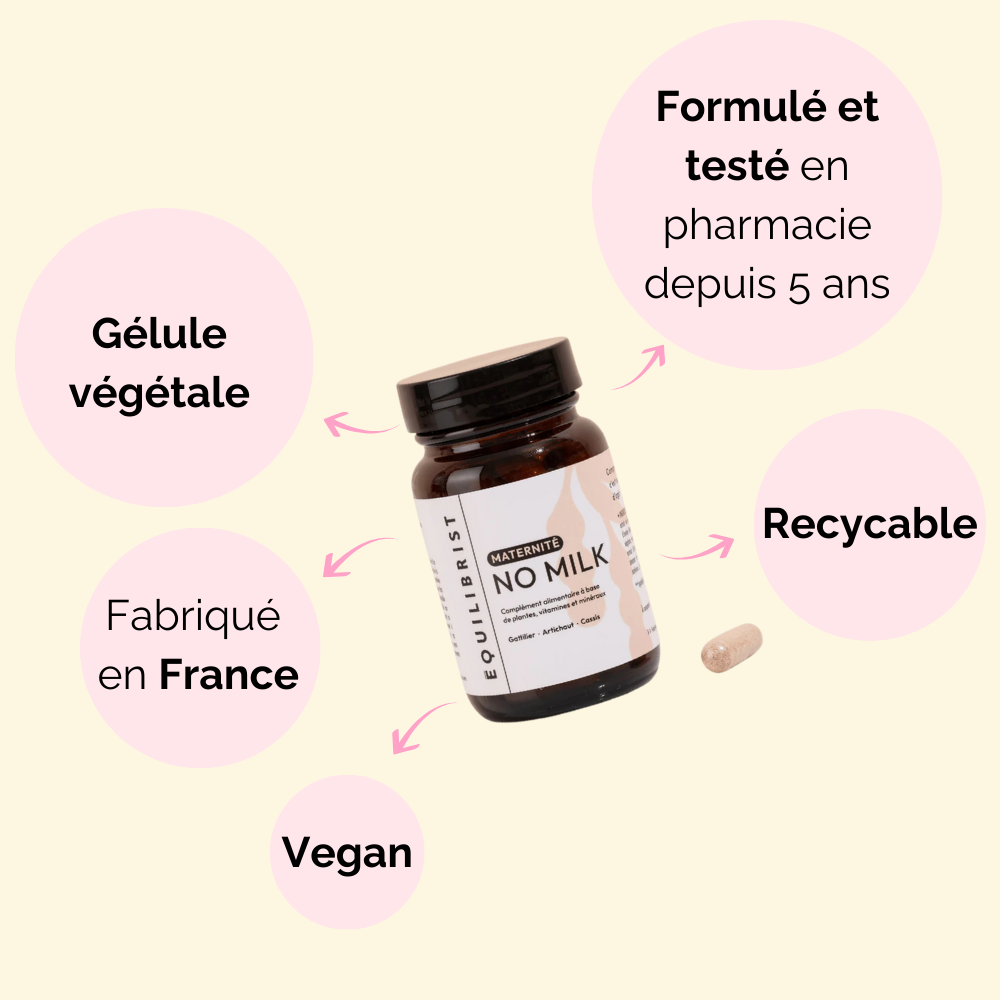 Caractéristiques du produit No Milk : gélule végétale, fabriqué en France, vegan, recyclage facile, formulé et testé en pharmacie depuis 5 ans.