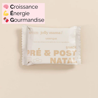Snack Vanifique non ouvert, snack bio et gourmand à la vanille et macadamia, riche en DHA et vitamine B9 pour accompagner la grossesse et l’allaitement.
