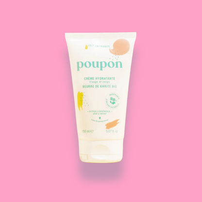 Crème hydratante hypoallergénique Poupon, adaptée pour bébé et enfant, enrichie en karité bio